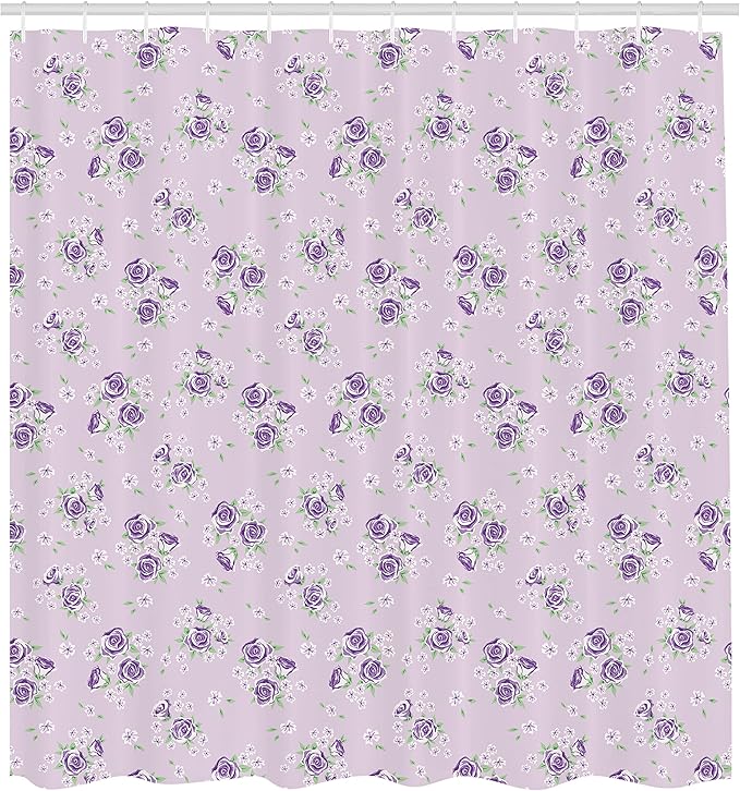 Ambesonne Vintage Shower Curtain, Romantic Shabby Form Style Inspired Flowers with Little Roses Lilacs Artwork, Cloth Fabric Bathroom Decor Set with Hooks, 69" W x 70" L, Purple Grey