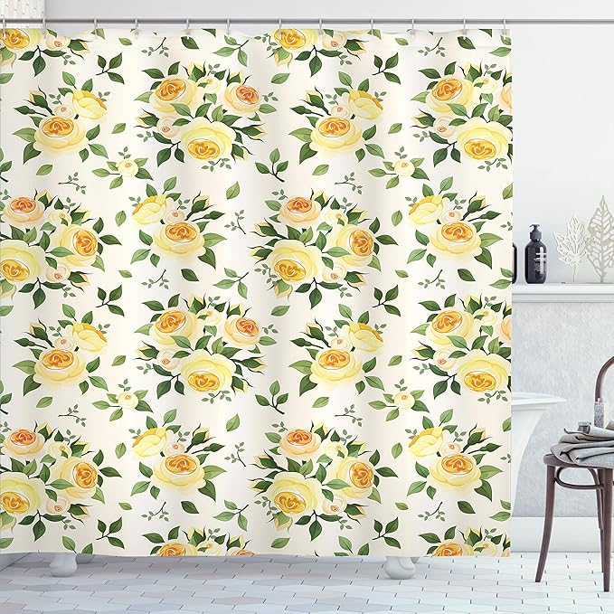 Ambesonne Rose Shower Curtain, Roses Hybrid Flora Park Summer European Old Fashioned Antique Design Pattern, Cloth Fabric Bathroom Decor Set with Hooks, 69" W x 70" L, Yellow Green Beige