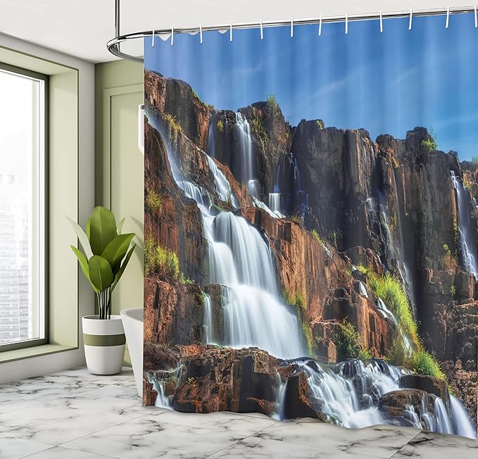 Ambesonne Rainforest Shower Curtain, Pongour Waterfall Exotic Natural Beauty Landscape Mountain Rocks Print, Cloth Fabric Bathroom Decor Set with Hooks, 69" W x 75" L, Ecru Blue