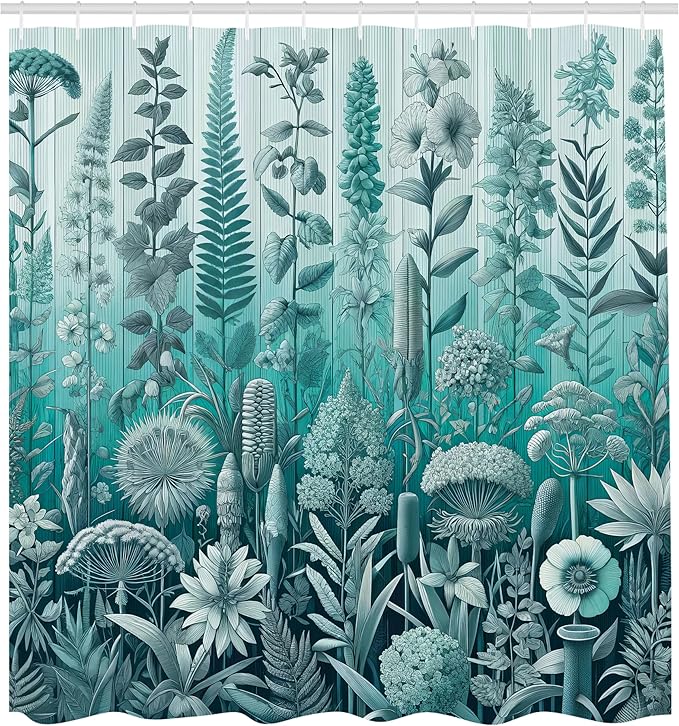 Ambesonne Turquoise Shower Curtain, Botanical Thistle Lavender and Leafy Floral Huddle on Greenery Ombre Back, Cloth Fabric Bathroom Decor Set with Hooks, 69" W x 75" L, Pale Teal Seafoam