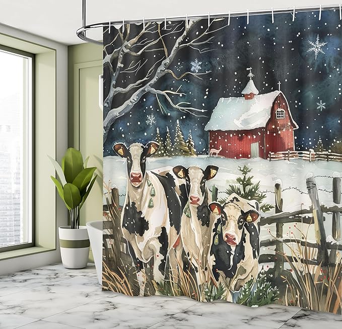 Ambesonne Christmas Shower Curtain, Snowy Xmas Eve Countryside Barn and Cows Vintage Illustration, Cloth Fabric Bathroom Decor Set with Hooks, 69" W x 84" L, Beige Pale Grey and Pale Ruby
