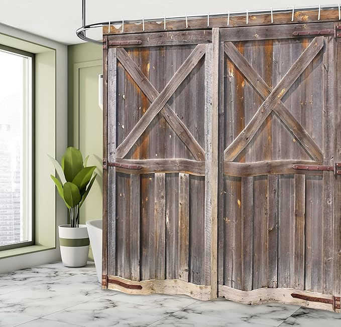 Ambesonne Rustic Shower Curtain, Old Wooden Barn Door of Farmhouse Oak Countryside Village Board Rural Life Photo Print, Cloth Fabric Bathroom Decor Set with Hooks, 75 Long, Brown