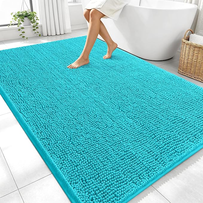 OLANLY Large Bathroom Rugs 70x46, Extra Soft Absorbent Chenille Bath Rugs, Rubber Backing Quick Dry, Machine Washable Bath Mats for Bathroom Floor, Tub and Shower, Home Decor Accessories, Aqua Sky