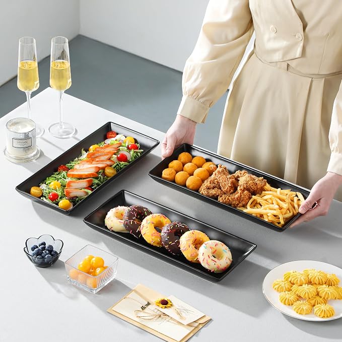 MALACASA 3 Tier Serving Trays for Party, 14 Inch Porcelain Black Trays for Serving Food, Dessert Stand with Collapsible Gold Metal Rack | Tiered Serving Stand for Party, Fruit Tray, Trays for Serving Food, Dessert Stand with Collapsible Sturdier Gold M...
