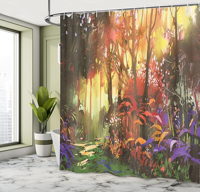 Ambesonne Fantasy Shower Curtain, Enchanted Forest Scenery with Sun Rays and Vibrant Leaves Ferns Woodland Design, Cloth Fabric Bathroom Decor Set with Hooks, 69" W x 70" L, Purple Burgundy