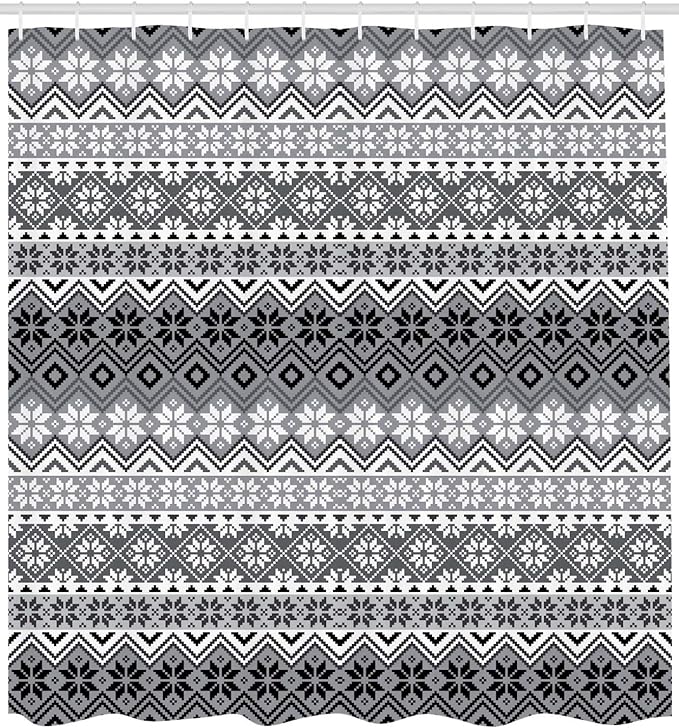 Ambesonne Grey Shower Curtain, Nordic Snowflake Knit Patterns Scandinavian Motifs Traditional and Modern Print, Cloth Fabric Bathroom Decor Set with Hooks, 69" W x 70" L, Gray White