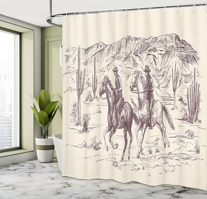 Ambesonne Western Shower Curtain, Country Theme Hand Drawn Illustration of American Wild West Desert with Cowboys, Cloth Fabric Bathroom Decor Set with Hooks, 69" W x 70" L, Plum and Cream