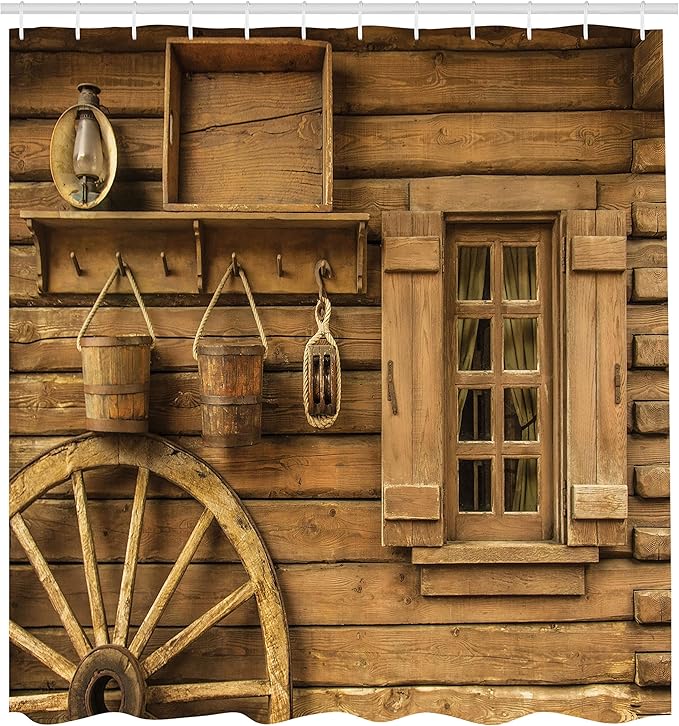 Ambesonne Western Shower Curtain, Old Wagon Wheel Next to Rustic Wooden House Vintage Window Buckets Cottage Print, Cloth Fabric Bathroom Decor Set with Hooks, 69" W x 84" L, Brown