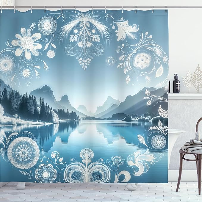 Ambesonne Lake Shower Curtain, Panoramic Nature View Mountains Woodland Folkloric Floral Wreath Ornaments, Cloth Fabric Bathroom Decor Set with Hooks, 69" W x 70" L, Slate Blue Sky Blue