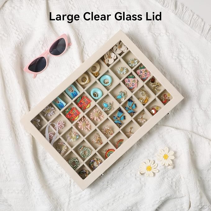 Frebeauty 40 Grid Earring Organizer,Velvet Jewelry Tray with Clear Lid | Drawer Jewelry Organizer for Rings Studs Beads,Adjustable Dividers,Dustproof,Earring Storage,Trinket Box,13.8×9.5Inches