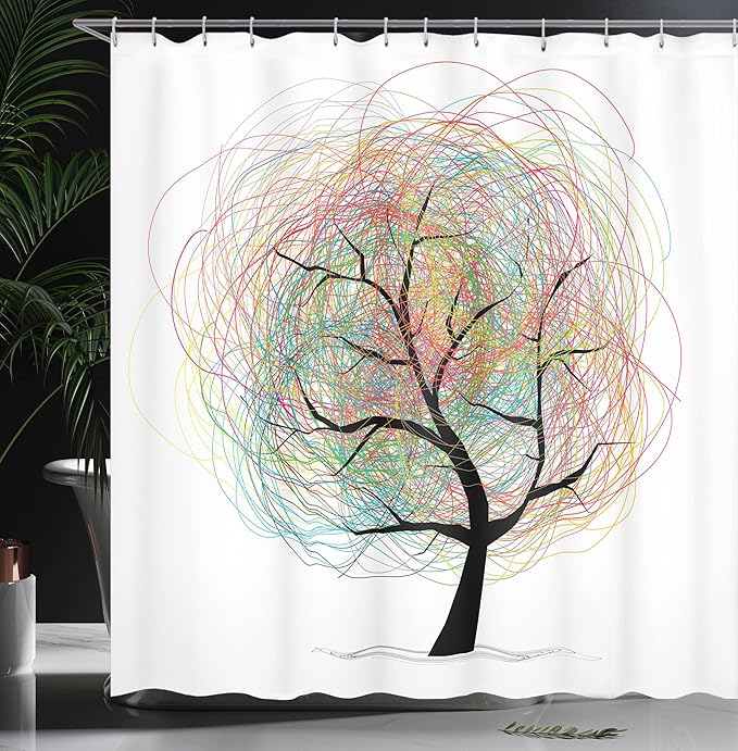 Ambesonne Tree of Life Shower Curtain, Colorful Swirl Doodles Tree with Branches Funky Contemporary Illustration, Cloth Fabric Bathroom Decor Set with Hooks, 69" W x 75" L, Pastel White