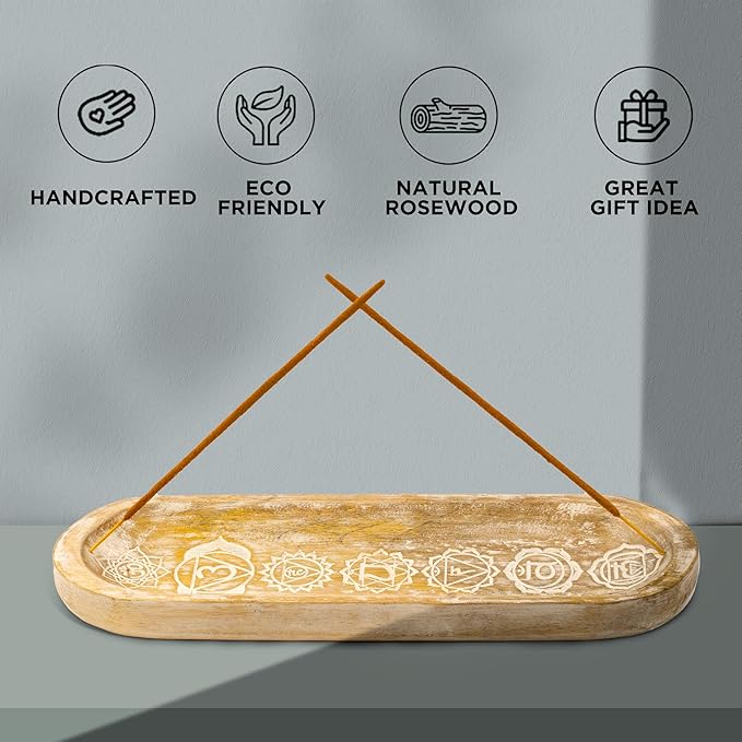 raajsee Wooden Rosewood Incense Holder - Incense Burner - Ash Catcher - Incense Stick Holder - Meditation & Yoga - Great Gift for Any Occasion Size 11x4 inch (Seven Chakra White)