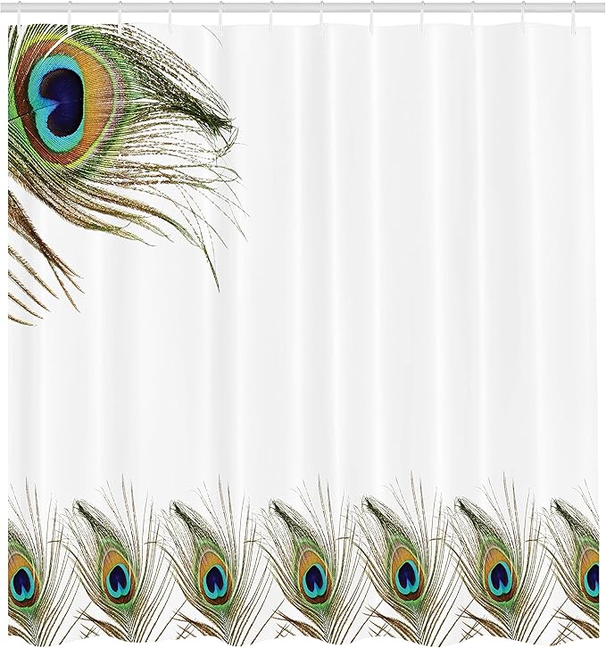 Ambesonne Peacock Shower Curtain, Exotic Peacock Feathers Symbolizing Guidance for Soul Boho Ethnic, Cloth Fabric Bathroom Decor Set with Hooks, 69" W x 70" L, White Teal