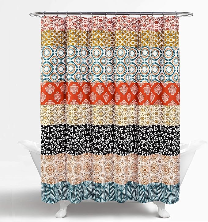 Lush Decor Bohemian Stripe Shower Curtain 72" W x 72" L Turquoise & Orange - Bathroom Curtain - Striped Shower Curtain - Boho Decor - Fabric Shower Curtains