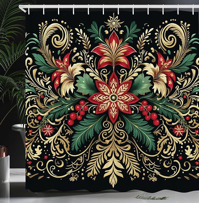 Ambesonne Christmas Shower Curtain, Black Xmas with Victorian Leaves and Flowery Huddle Snowflake Details, Cloth Fabric Bathroom Decor Set with Hooks, 69" W x 75" L, Dark Pink Green Khaki