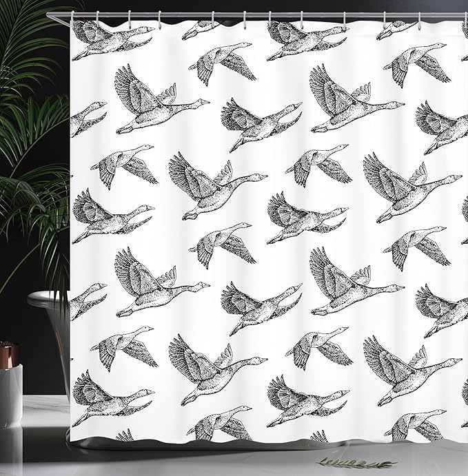 Ambesonne Geese Shower Curtain, Flying Geese Wings with Drawing Effect Wildlife Illustration Vintage Pattern Print, Cloth Fabric Bathroom Decor Set with Hooks, 69" W x 70" L, Charcoal White
