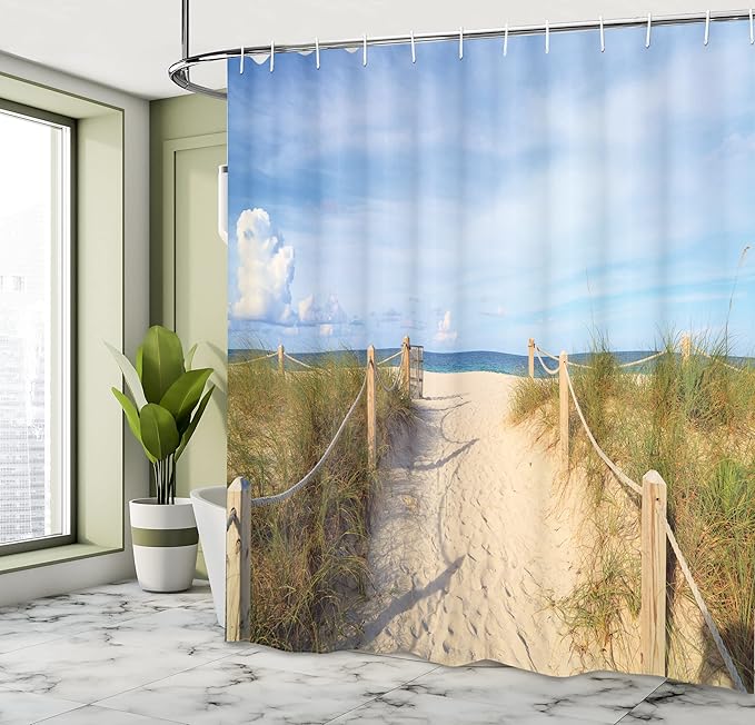 Ambesonne Beach Shower Curtain, Sandy Sh?re Entry of Fences in The South Miami Relaxing American Style Holiday Coastal Landscape, Cloth Fabric Bathroom Decor Set with Hooks, 69" W x 84" L, Cream Blue