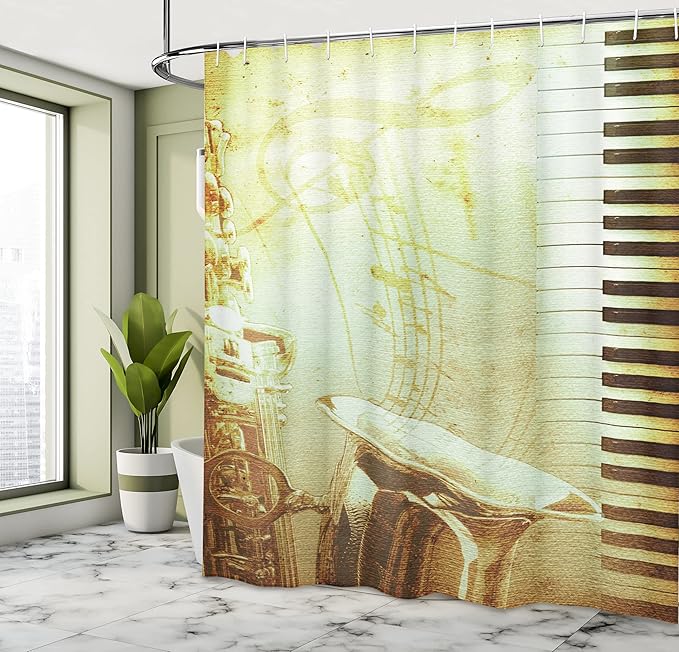 Ambesonne Music Shower Curtain, Print of Piano Keys on Background with Music Notes Image Nostalgia Jazz Theme, Cloth Fabric Bathroom Decor Set with Hooks, 69" W x 75" L, Yellow Black
