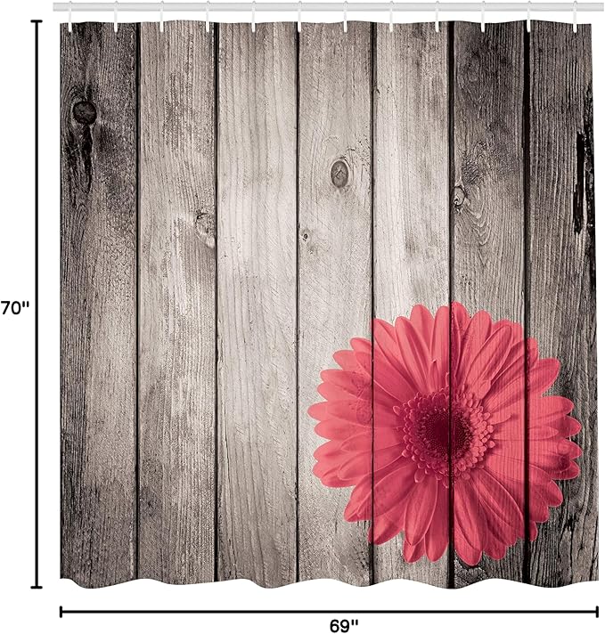 Ambesonne Rustic Shower Curtain, Flower Red Dahlia on Foreground of Murky Featured Dated Wooden Board Retro Art Print, Cloth Fabric Bathroom Decor Set with Hooks, 69" W x 70" L, Dark Coral
