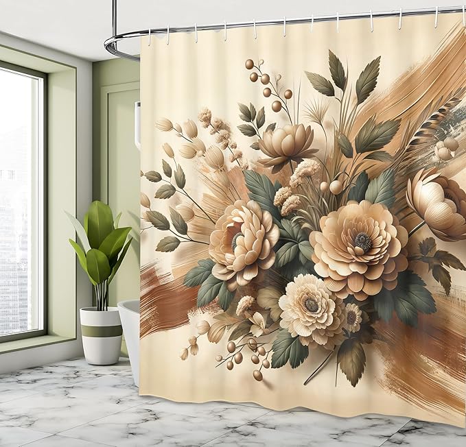 Ambesonne Tan Shower Curtain, Modern Farmhouse Feel Blooming Peony Flowery with Leaves Nostalgia Tones, Cloth Fabric Bathroom Decor Set with Hooks, 69" W x 84" L, Reseda Green Pale Caramel