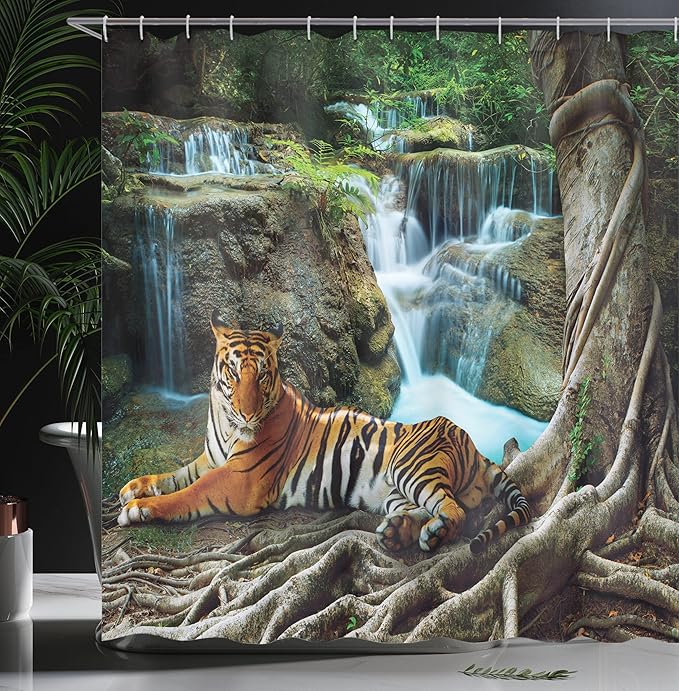 Ambesonne Savannah Shower Curtain, Indochina Tiger Laying Under Banyan Tree Against Limestone Waterfall Nature, Cloth Fabric Bathroom Decor Set with Hooks, 69" W x 70" L, Green