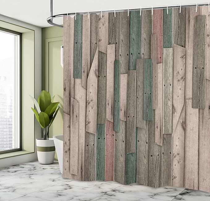 Ambesonne Rustic Shower Curtain, Grunge Wood Planks Barn House Door Nails Country Farm House Life Theme Layout, Cloth Fabric Bathroom Decor Set with Hooks, 69" W x 84" L, Jade Green