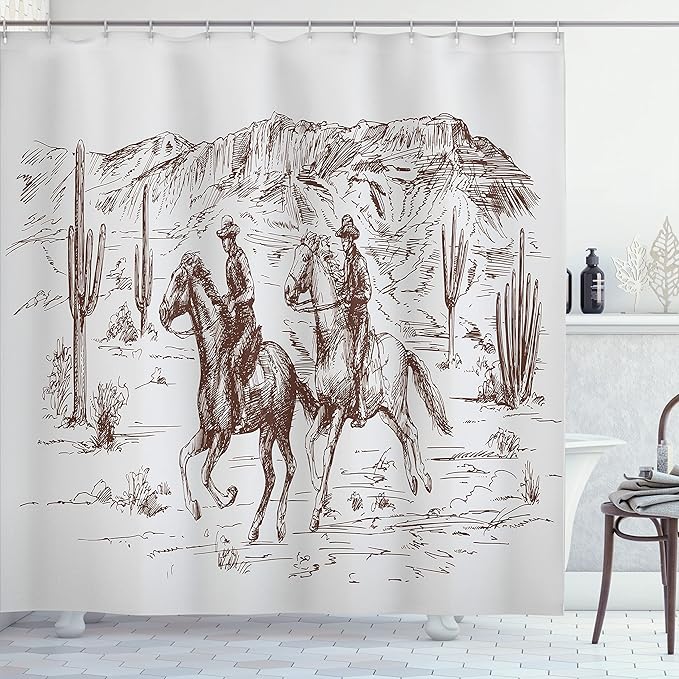Ambesonne Western Shower Curtain, Country Theme Hand Drawn Illustration of American Wild West Desert with Cowboys, Cloth Fabric Bathroom Decor Set with Hooks, 69" W x 75" L, Umber Pearl