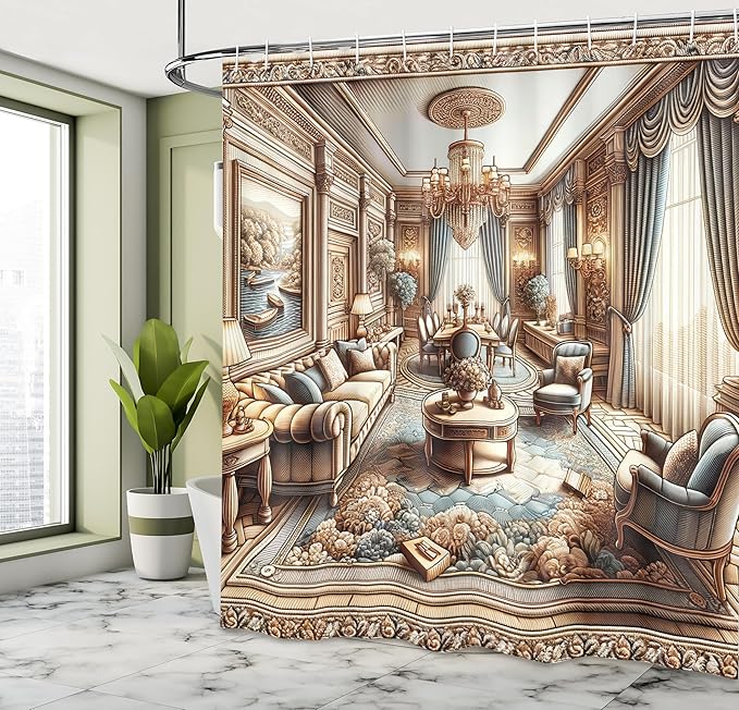 Ambesonne Classic Shower Curtain, Opulent Illustration of a Luscious Room Palatial Ornamental Rich Home Scenery, Cloth Fabric Bathroom Decor Set with Hooks, 69" W x 75" L, Ginger and Blue
