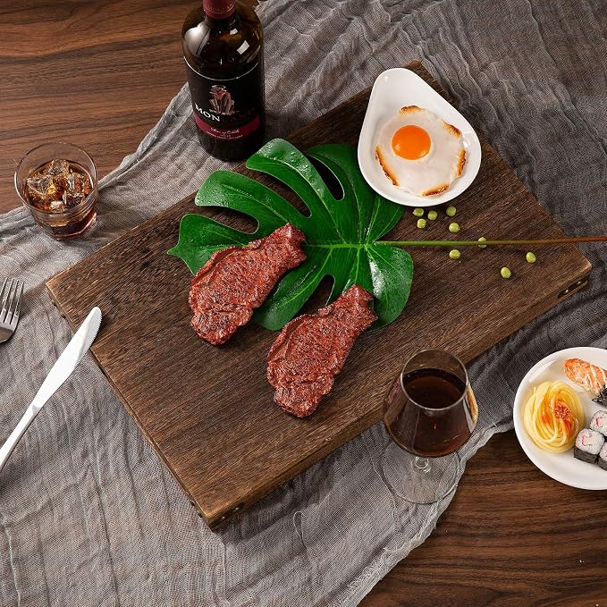 Yangbaga Rustic Wooden Serving Trays with Handle - Set of 7 Rectangular Platters for Entertaining, Breakfast, Coffee Table, Home Decor