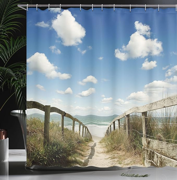 Ambesonne Beach Shower Curtain, Sandy Path Leads to Ocean Pacific Puffy Clouds Vacation Serene Relaxing Beach, Cloth Fabric Bathroom Decor Set with Hooks, 69" W x 75" L, White Cream