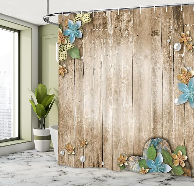 Ambesonne Pearls Shower Curtain, Flowers Pearls and Lace on Rustic Wooden Planks Background Vintage Style Print, Cloth Fabric Bathroom Decor Set with Hooks, 69" W x 75" L, Coffee Brown Blue
