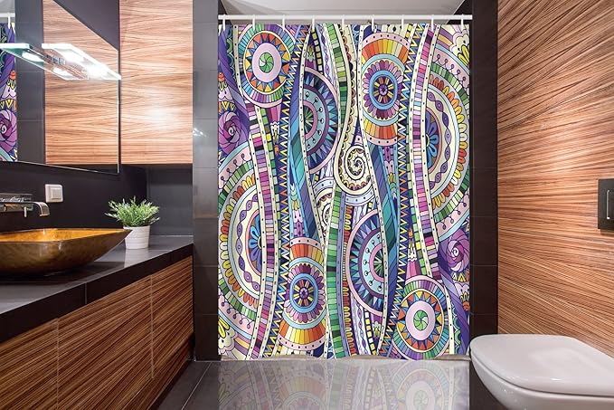Ambesonne Floral Stall Shower Curtain, Geometric Mosaic Style Colorful Illustration Flower Pattern Ornamental Doodle Art, Fabric Bathroom Decor Set with Hooks, 54" W x 78" L, Purple Green