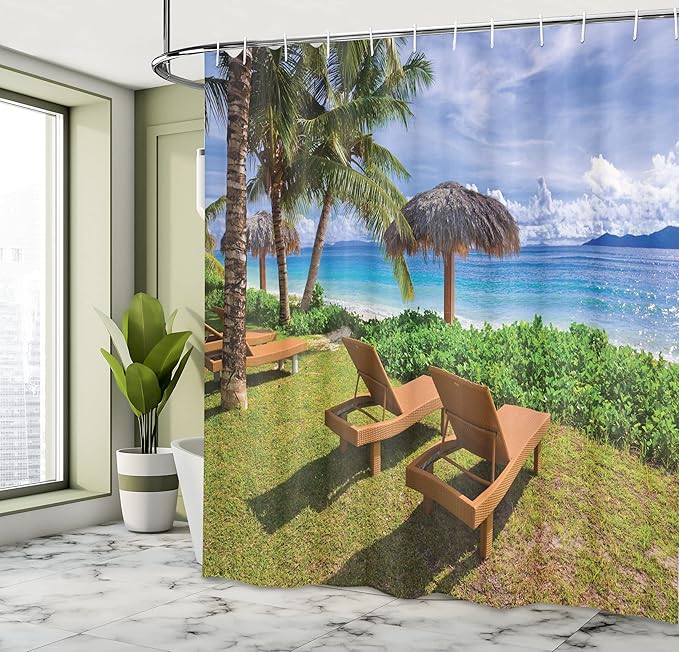 Ambesonne Coastal Shower Curtain, Sunbeds at Seychelles Coconut Palm Trees Bungalows Exotic Destinations Hills, Cloth Fabric Bathroom Decor Set with Hooks, 69" W x 70" L, Green Blue Brown