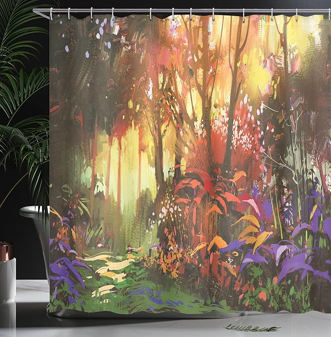 Ambesonne Fantasy Shower Curtain, Enchanted Forest Scenery with Sun Rays and Vibrant Leaves Ferns Woodland Design, Cloth Fabric Bathroom Decor Set with Hooks, 69" W x 70" L, Purple Burgundy