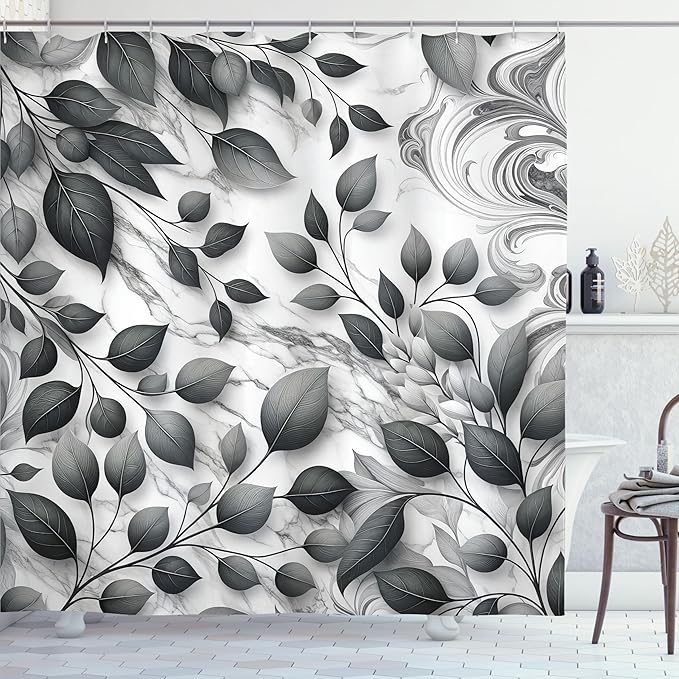 Ambesonne Grey Shower Curtain, Monochrome Art Leafy Atmosphere with Marble Print Details Modern Melancholia, Cloth Fabric Bathroom Decor Set with Hooks, 69" W x 75" L, Purpleblue Off White