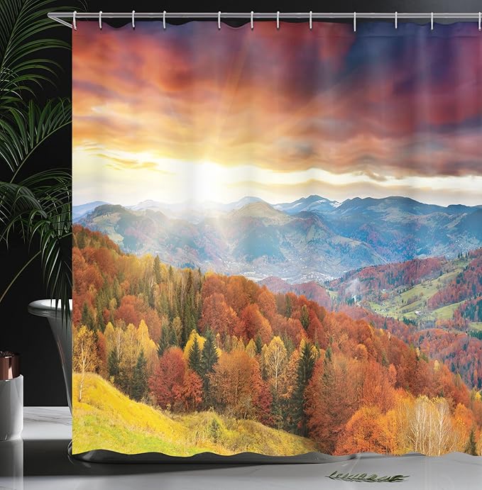 Ambesonne Forest Shower Curtain, Trees Rays When Sunrise and Grungy Rain Clouds View, Cloth Fabric Bathroom Decor Set with Hooks, 69" W x 75" L, Yellow Orange