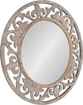 Kate and Laurel Shovali Rustic Round Mirror, 31.5 Diameter, Rustic Whitewash, Ornate Wood-Carved Frame, Decadent Wall Decor with Vintage Charm