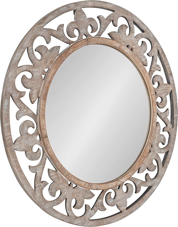 Kate and Laurel Shovali Rustic Round Mirror, 31.5 Diameter, Rustic Whitewash, Ornate Wood-Carved Frame, Decadent Wall Decor with Vintage Charm