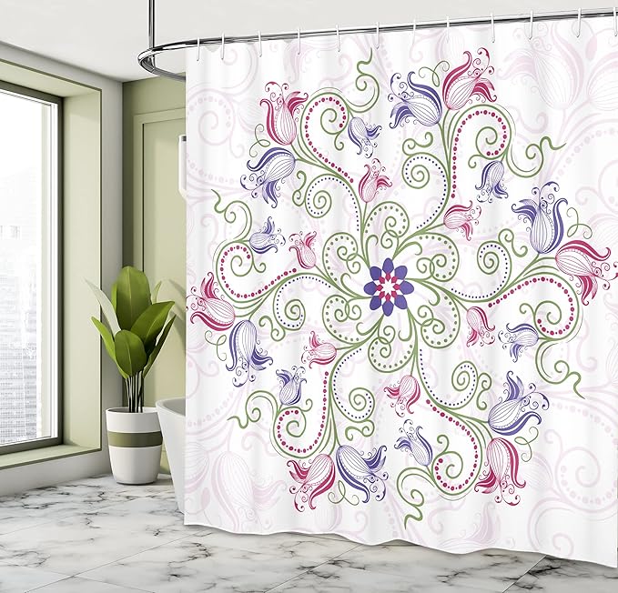 Ambesonne Mandala Shower Curtain, Round Flower Frame Design Classical Vintage Floral Art with Ottoman Tulips, Cloth Fabric Bathroom Decor Set with Hooks, 69" W x 70" L, Purple Green