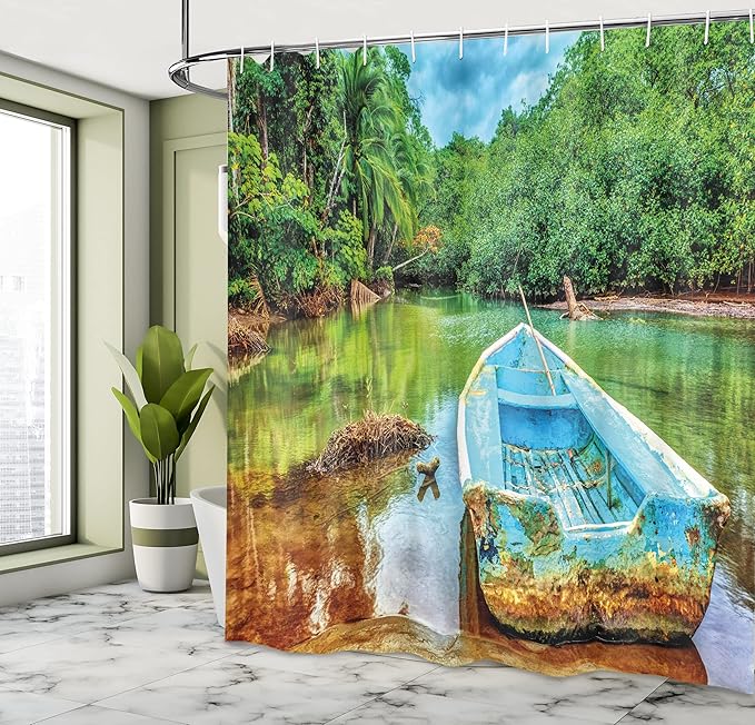 Ambesonne Landscape Shower Curtain, Old Boat in Tropical River in National Park of Costa Rica Nature Photo, Cloth Fabric Bathroom Decor Set with Hooks, 69" W x 70" L, Green Brown
