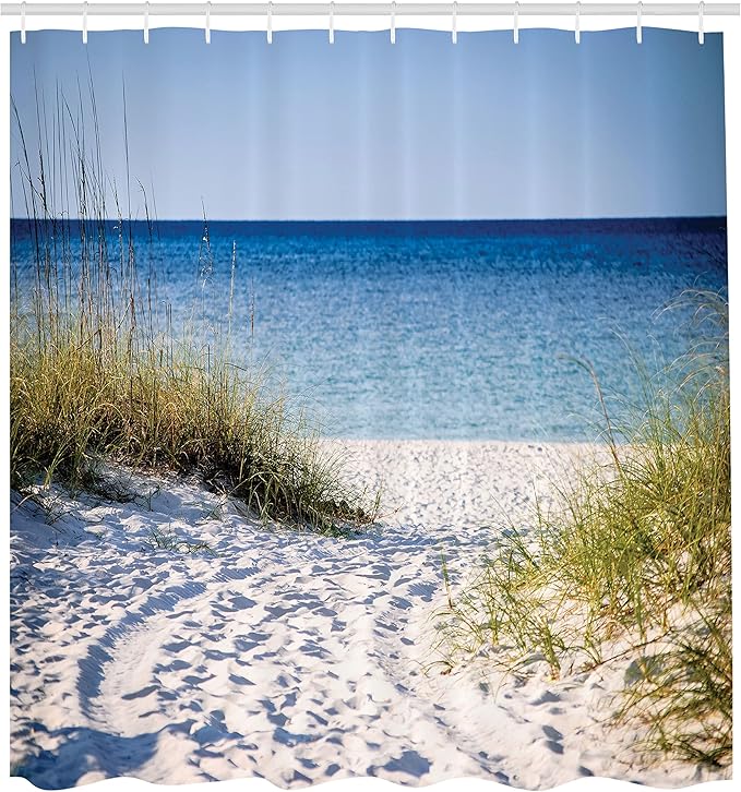 Ambesonne Beach Shower Curtain, Path to The Beach with a Clear Sky and Bushes Grasses Windy Sunny Day by The Peaceful Gulf of Mexico, Cloth Fabric Bathroom Set with Hooks, 69" W x 75" L, White Green