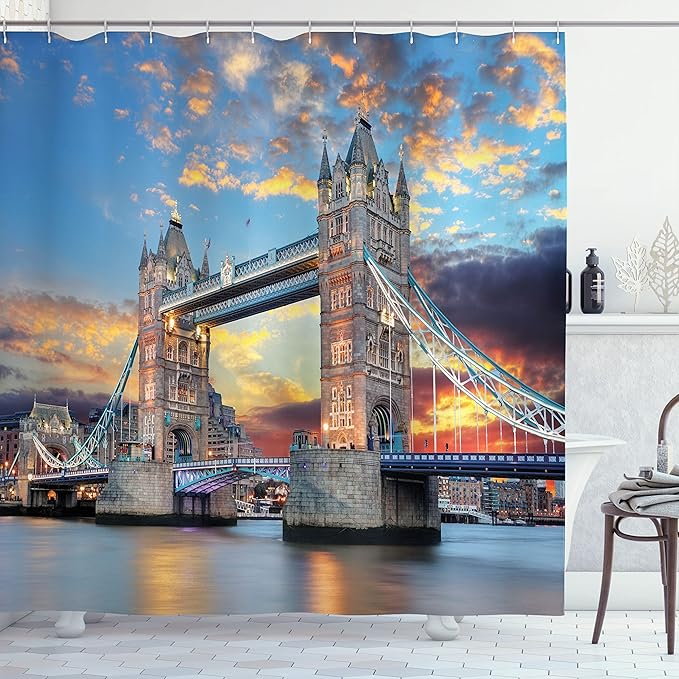 Ambesonne London Shower Curtain, Vista of Tower Bridge at Dramatic Sunset Thames River with Grey Clouds, Cloth Fabric Bathroom Decor Set with Hooks, 69" W x 75" L, Yellow Blue