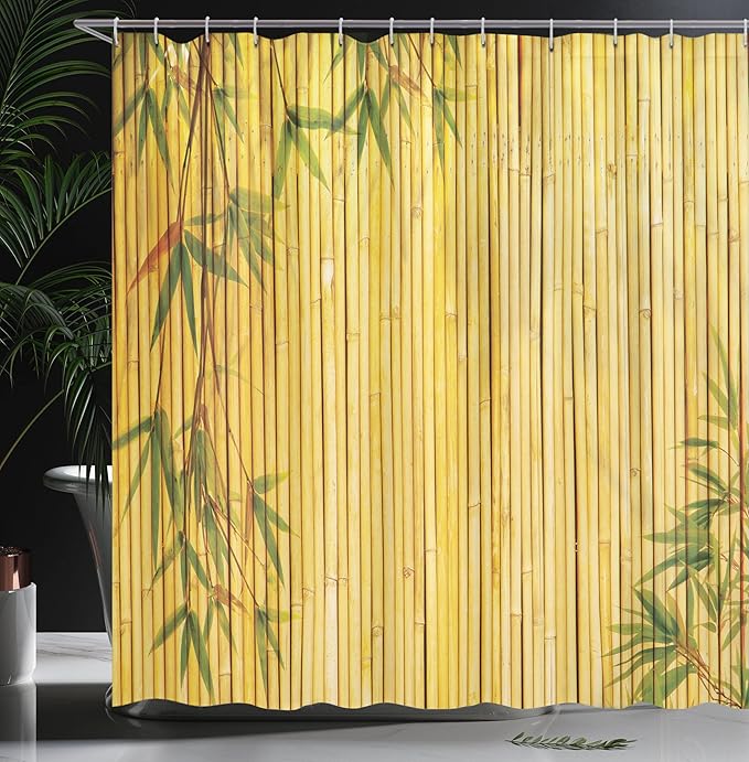 Ambesonne Asian Themed Shower Curtain, Yellow Colored Woodland Background Tree Branches Exotic Scene Peaceful Art, Cloth Fabric Bathroom Decor Set with Hooks, 69" W x 70" L, Fern Green