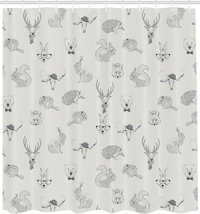 Ambesonne Dimgrey Shower Curtain, Illustration of Weird Forest Animals in Retro Style Rabbit Fox Dear Wild Life Boho Artwork, Cloth Fabric Bathroom Decor Set with Hooks, 69" W x 75" L, Dimgrey