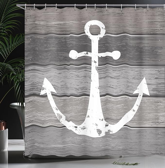Ambesonne Anchor Shower Curtain, Grunge Style Pattern of Marine Ornament on Weathered Rustic Wooden Planks, Cloth Fabric Bathroom Decor Set with Hooks, 69" W x 84" L, Taupe Dust