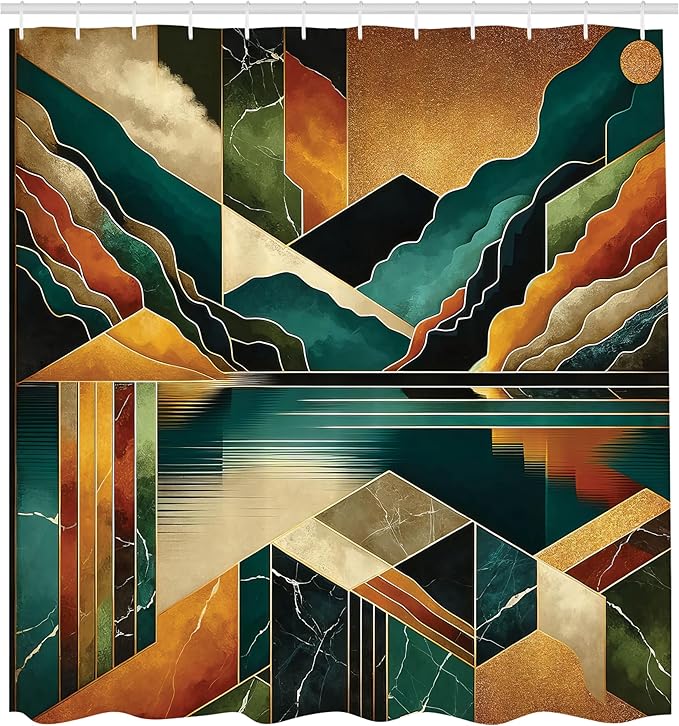 Ambesonne Mid Century Modern Shower Curtain, Lake Mountains and Cloudy Sky Surreal Boho Marble Print Landscape, Cloth Fabric Bathroom Decor Set with Hooks, 69" W x 70" L, Ginger Dark Teal