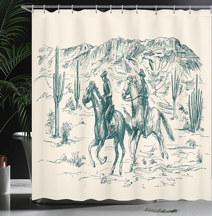 Ambesonne Western Shower Curtain, Country Theme Hand Drawn Illustration of American Wild West Desert with Cowboys, Cloth Fabric Bathroom Decor Set with Hooks, 69" W x 75" L, Cream Teal