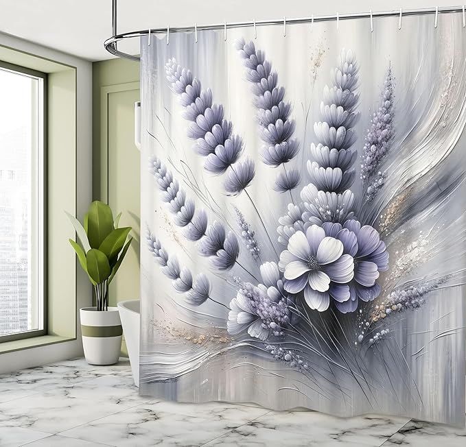 Ambesonne Lavender Shower Curtain, Gentle Illustration of Purplish Petal Floral with Oil Paint Look Backdrop, Cloth Fabric Bathroom Decor Set with Hooks, 69" W x 75" L, Ceil Blue Pale Grey
