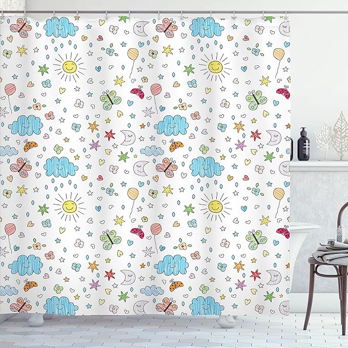 Ambesonne Retro Shower Curtain, Smiling Sun Moon Stars Clouds Flowers Butterflies Ladybugs Heart Shapes Art, Cloth Fabric Bathroom Decor Set with Hooks, 69" W x 84" L, Yellow Blue