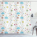 Ambesonne Retro Shower Curtain, Smiling Sun Moon Stars Clouds Flowers Butterflies Ladybugs Heart Shapes Art, Cloth Fabric Bathroom Decor Set with Hooks, 69" W x 84" L, Yellow Blue